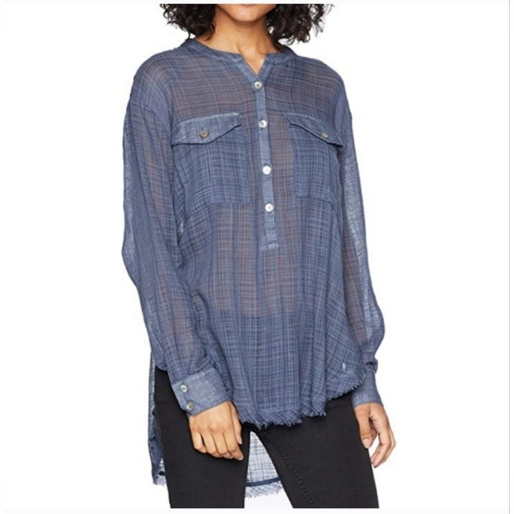 Free People Plaid “Talk to Me” Blue Gauze Popover Frayed Hem Shirt - Flawed - S